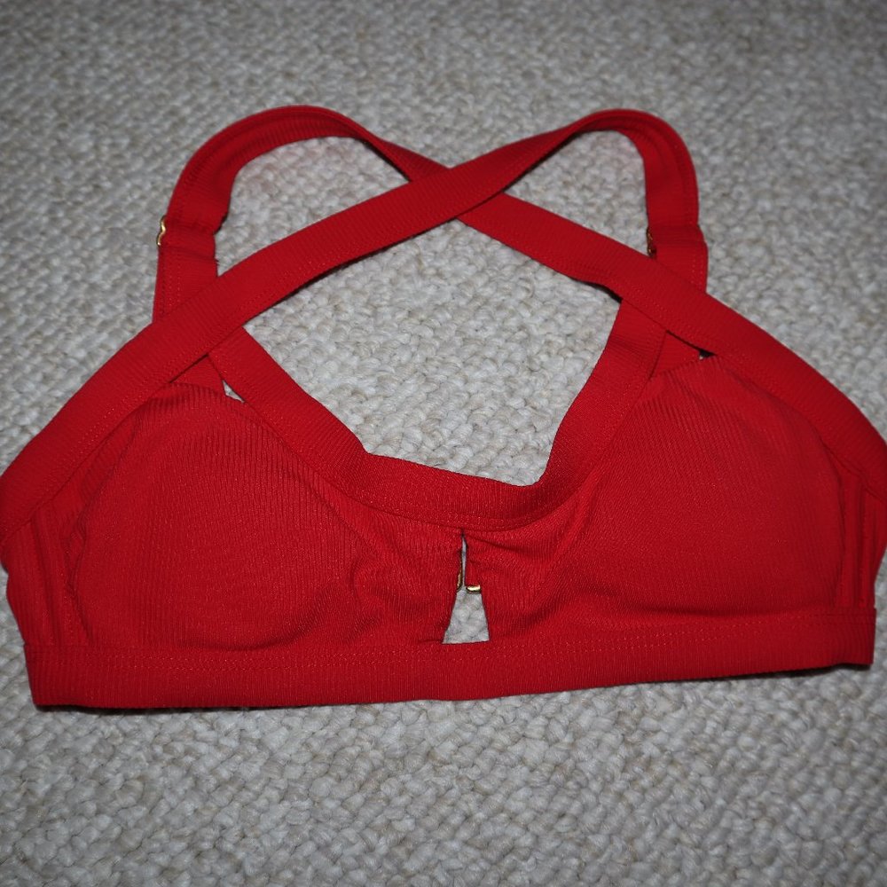 Red Criss-Cross Straps Cutout Bikini Top with Gold